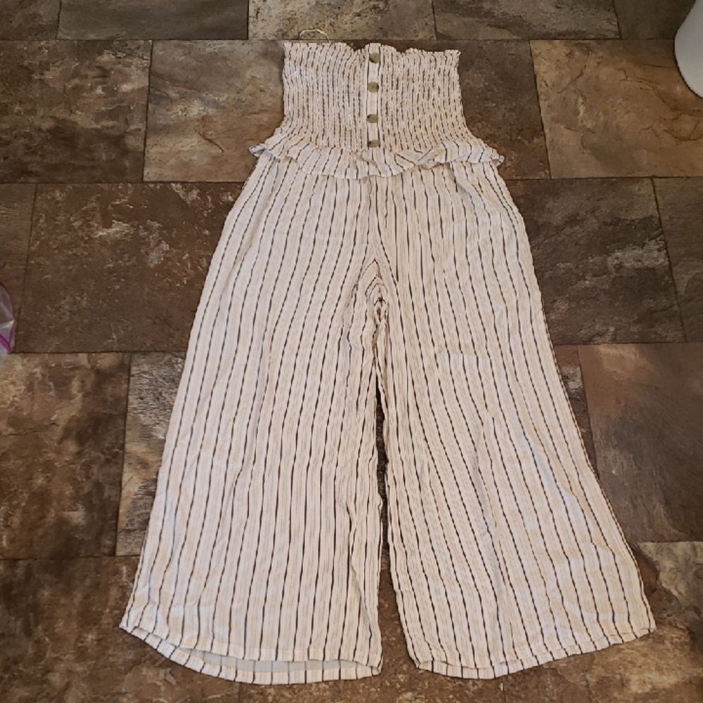 LOFT Beach XS Strapless Smocked Striped Jumpsuit Wide Leg - Picture 2 of 7